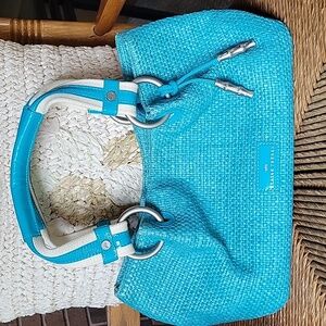 Elaine Turner, blue, straw, shoulder bag with matching clutch